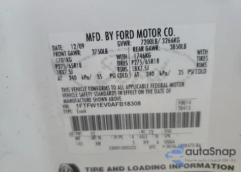 2010 Ford F150 Supercrew из США, поврежденный, VIN 1FTFW1EV0AFB18308